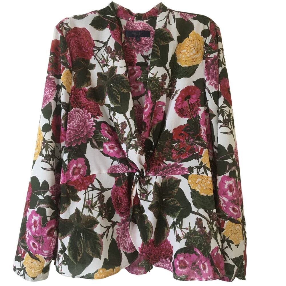 Rachel Roy Size 14 Pink Yellow Green Floral Blouse Knotted Waist Long Sleeve